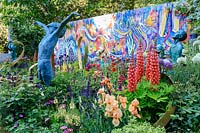 The Supershoes, Laced with Hope Garden, a partnership with Frosts. Sponsor: Frosts Garden Centres, RHS Chelsea Flower Show, 2018. Sculpture by Alison Bell. 
