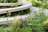 Spiral stone sitting area planted with Euphorbia martinii, Verbascum 'Sugar Plum' and Stipa tenuissima  - RHS Feel Good Garden - Built by Rosebank Landscaping - Sponsor: the RHS - RHS Chelsea Flower Show 2018