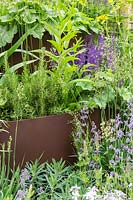 Raised beds edged with rusty metal edges planted with Salvia, Rosmarinus, Nepeta and Briza media  - RHS Feel Good Garden - Built by Rosebank Landscaping - Sponsor: the RHS - RHS Chelsea Flower Show 2018