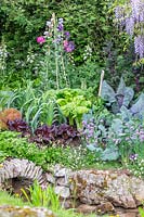 Vegetable plot with salad crops, herbs and strawberries. Welcome to Yorkshire garden, Sponsor: Welcome to Yorkshire, RHS Chelsea Flower Show, 2018.