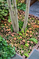 Leaf-shaped permeable paving made of laser cut metal grids with Asarum europaeum and Ferns - Urban Flow Garden - Sponsor: Thames Water - RHS Chelsea Flower Show 2018