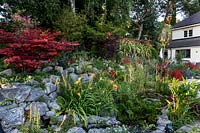 Mixed planted rockery. Pam Woodall's garden, 'Pinecombe' in Dorset, UK