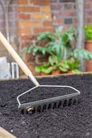 Woman spreading soil improver and levelling newly renovated raised bed with rake. 