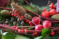Advent wreath with green sprigs, Cornus, ivy, and pine cones