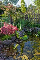 Pond with stone border and bottom - 'From Over the Fence' - RHS Malvern Spring Festival, 2018, Sponsor: Pershore College Nurseries Aquajardin. 