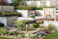 Modern water feature in show garden - The Yardley Flower Garden, Ascot Spring Garden Show, 2018