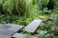 Adaptation of a Chelsea gold  medal winning garden by Darren Hawkes, reconfigured to give access to an area of the garden full of large foliage plants with a tropical feel