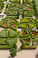 Overview of Ornamental Garden with Buxus sempervirens and Taxus at Chateau de Villandry, Loire Valley, France