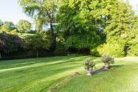 View of multi-level lawn in front of house. Plaz Metaxu Garden, Devon, UK. 