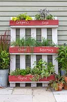Upcycled herb pallet planter, with names of herbs