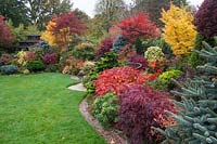 A highly colourful view of lawn, and densely planted borders in Four Seasons Garden, an Oriental themed garden with conifers, Azaleas, Acers and tea house. 