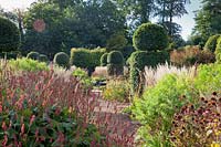 Path through Persicaria amplexicaulis 'Taurus', Calamgrostis acutiflora 'Karl Foerster', Echinacea and clipped Beech topiary 
Garden: Broughton Grange, Oxfordshire 
Head gardener: Andrew Woodall