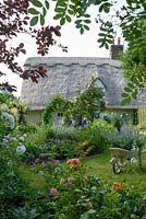 Thatched Cottage and country garden, with mixed plantings of roses, geraniums and catmint.
