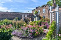 View of courtyard garden with colourful flowering borders including Rosa 'Princess Alexandra of Kent', Rosa 'Rose de Rescht' and Nepeta. 