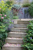 A steeply sloping suburban garden is made accessible with timber steps backfilled with decorative gravel.  Timber clad retaining walls support the terraced beds. Wiltshire, UK.