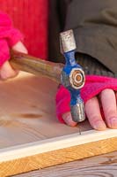 Woman nailing cut pieces of stripwood onto wooden board to create edges to feeding table.