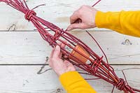 Weaving Cornus - dogwood - stem in and out of fatball holder to create a cage