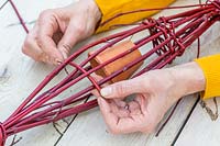 Weaving Cornus - dogwood - stem in and out of fatball holder to create a cage