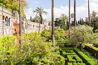 View to the Galera del Grutesco. Alcazar Palace Gardens, Seville, Spain.