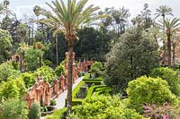 View from the Galera del Grutesco. Alcazar Palace Gardens, Seville, Spain.