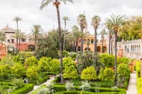 View from the Galera del Grutesco. Alcazar Palace Gardens, Seville, Spain.