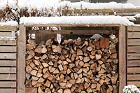Firewood stacked as a wooden wall covered by snow.
