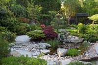 Japanese themed garden with pond, and rock arrangement. 