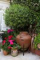 Urn on stand with potted pelargoniums in Moroccan themed courtyard