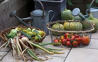 Baskets of harvested produce with watering cans