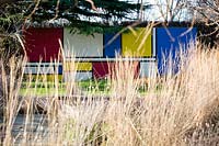 The Mondrian inspired wall at Stevington Manor Gardens, Stevington, UK. 