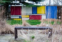 The Mondrian inspired wall at Stevington Manor Gardens, Stevington, UK.