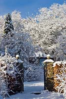 Open gateway in snowy garden at Burrow Farm Garden, Dalwood, Devon, UK.
