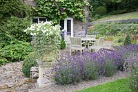 A patio seating area and borders planted with Lavandula angustifolia 'Hidcote', Clematis and Agapanthus at Hurdley Hall, Powys, UK. 