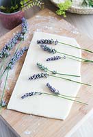Lavender stems laid out on salt dough ready to press 