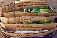Seed packets stored by month