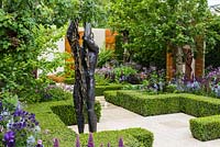 Anna Gillespie bronze sculptures 'Trust' and 'Let Heaven Go' in the Morgan Stanley Healthy Cities Garden - RHS Chelsea Flower Show 2015 - Sponsor: Morgan Stanley - Gold Medal