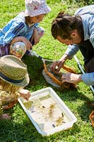 Boy looking at plastic tray with wildlife caught in pond while father and sister looks in net.