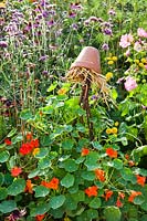 Terracotta pot filled with straw to trap earwigs, to prevent them eating flowers 