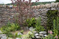 Dry stone wall and moss mounds in the 'Elements of Sheffield' garden at the RHS Chatsworth Flower Show 2019.