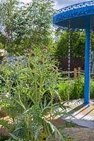 Blue rainfall pavilion with raincatchers, and gravel garden with Lychnis coronaria 'Alba' and Cynara. The Thames Water Flourishing Future Garden. RHS Hampton Court Palace Garden Festival, 2019.