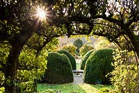 View through arch tunnel to clipped box in the Tunnel Garden at Heale House, Wiltshire in November