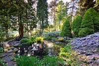 The Rock Garden, at Parcevall Hall Gardens, Yorkshire. Plants include Picea glauca var. albertiana 'Conica and Salix lanata