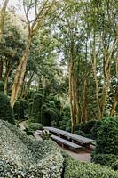 Jardin d'Aval with table and benches by German sculptor Thomas RÃ¶sler surrounded by Muehlenbeckia complexa and Ilex aquifolium. Jardins d Etretat, Normandy, France