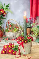 Calendar candle in rustic pot with red Chrysanthemum and bow