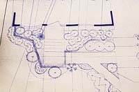 Overhead view of landscaping blueprint for planting of coniferous trees and shrubs in borders of residential home facade.