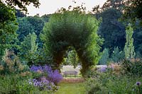 The end of the Wildflower Garden with its willow arch - Salix sp. and bench beyond as the sun drops behind the woodland shelter belt. Plants include Stipa gigantea, Cephalaria gigantea, and catmint - Nepeta sp.