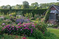 The Shrub Rose Garden. Borders of roses and perennials leading to the Tea House, a C19 folly.