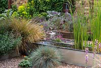 A salvaged galvanised water trough is converted into a water feature, and planted with irises and water lilies.  Clumps of blue fescue, orange geum and sea pinks grow in the gravel.