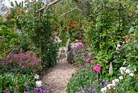 A cottage garden with gravel path leading under a series of wooden arches supporting climbing roses. 