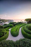 View over sculpted Phillyrea angustifolia spirals and view to the white cliffs and sea beyond.  Les Jardins d'Etretat, Normandy, France. July.